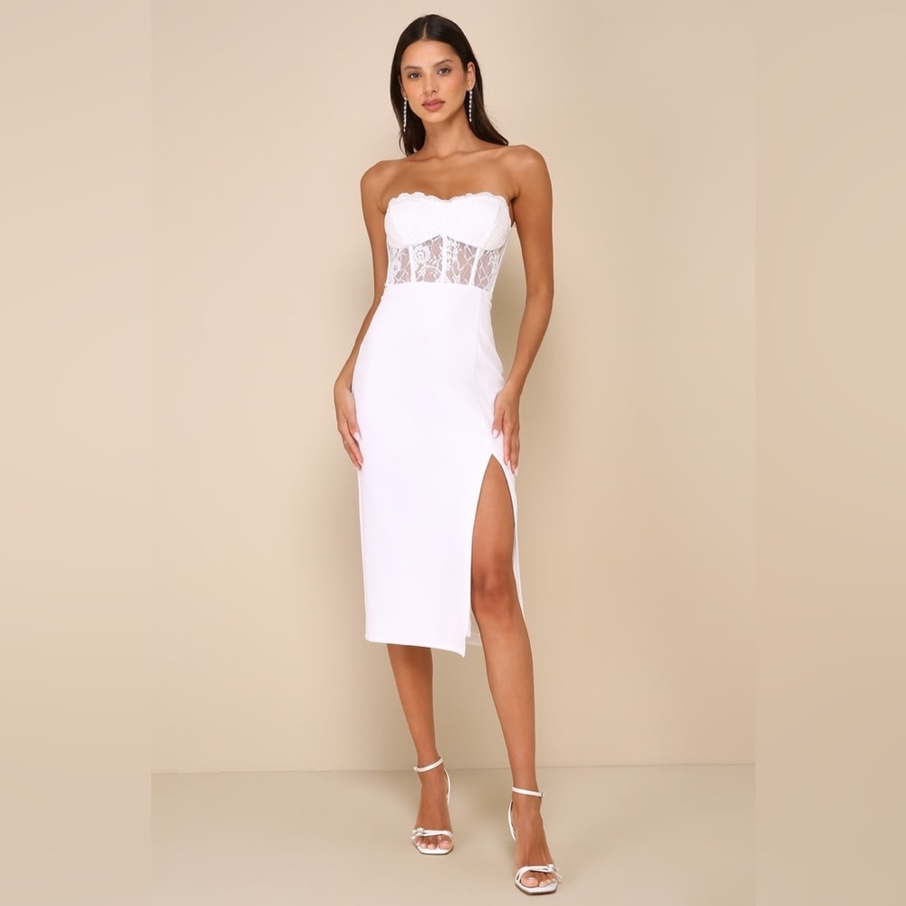 Lulu's White Strapless Midi Dress with Lace Waist and Side Slit